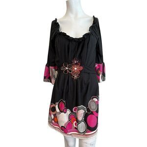 Boho Chic Hippie M Dress Black Pink Circles Flower Appliques Ruffled Freelance
